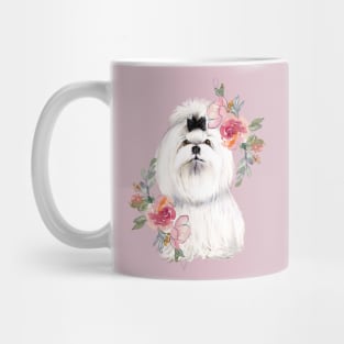 Cute White Shih Tzu with Flowers Watercolor Art Mug